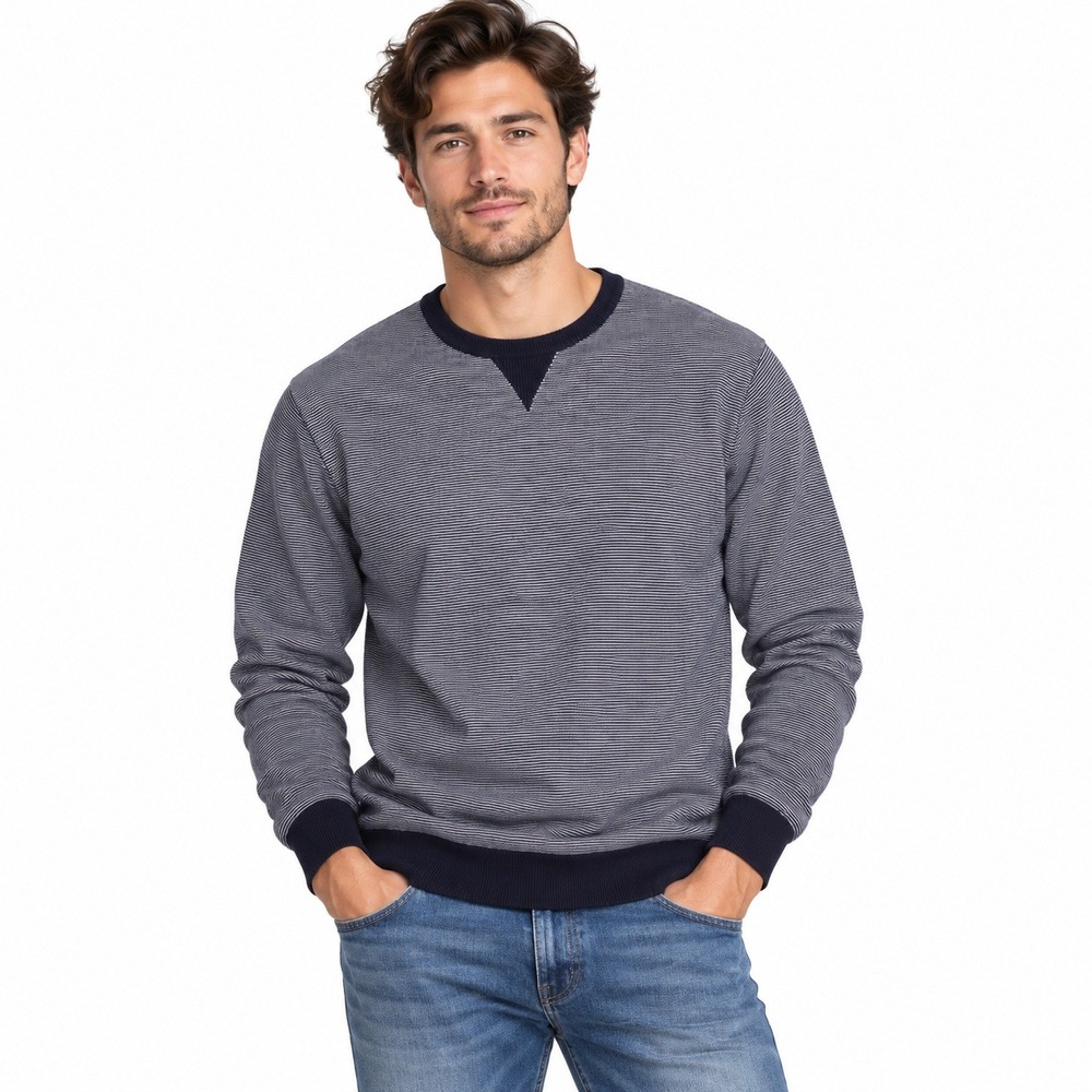 Goodthreads Sweater Mens L Navy Striped Merino Wool Crew Lightweight Layering